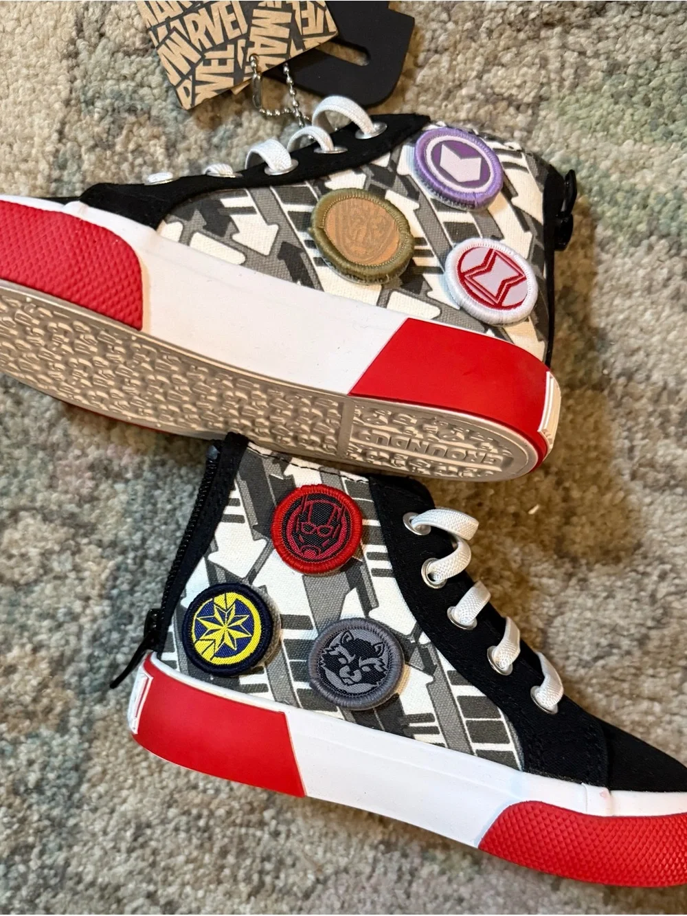 NWT Marvel Kids Black and Red High-Top Sneakers with Superhero Patches